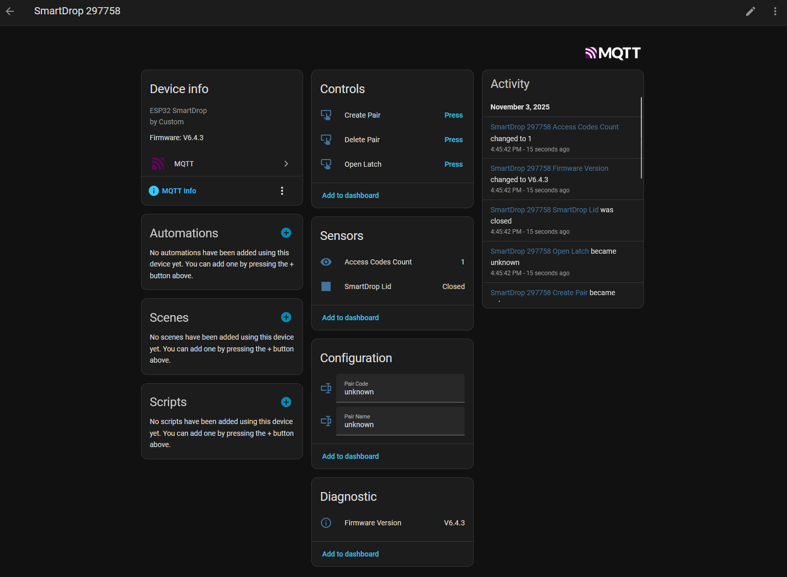Screen that shows what will automatically populate when the ESP32 running the SmartDrop firmware connects.