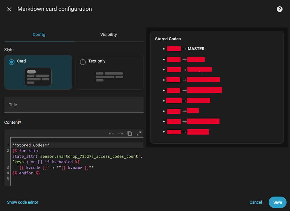An image showing some home assistant code which will create a card with all of the stored password pairs.