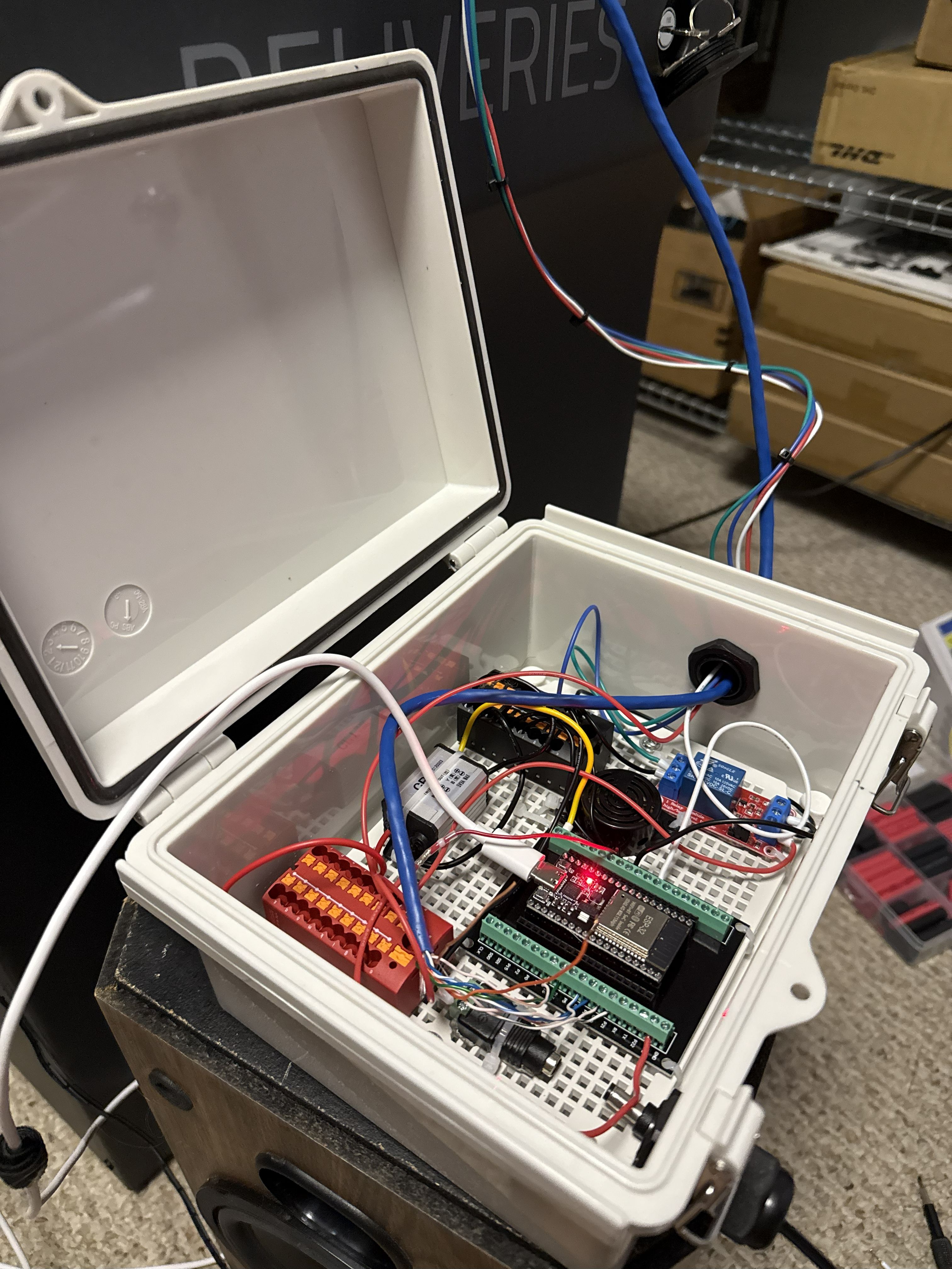 Mounting plate installed into the box. Cord grips to pass cables through